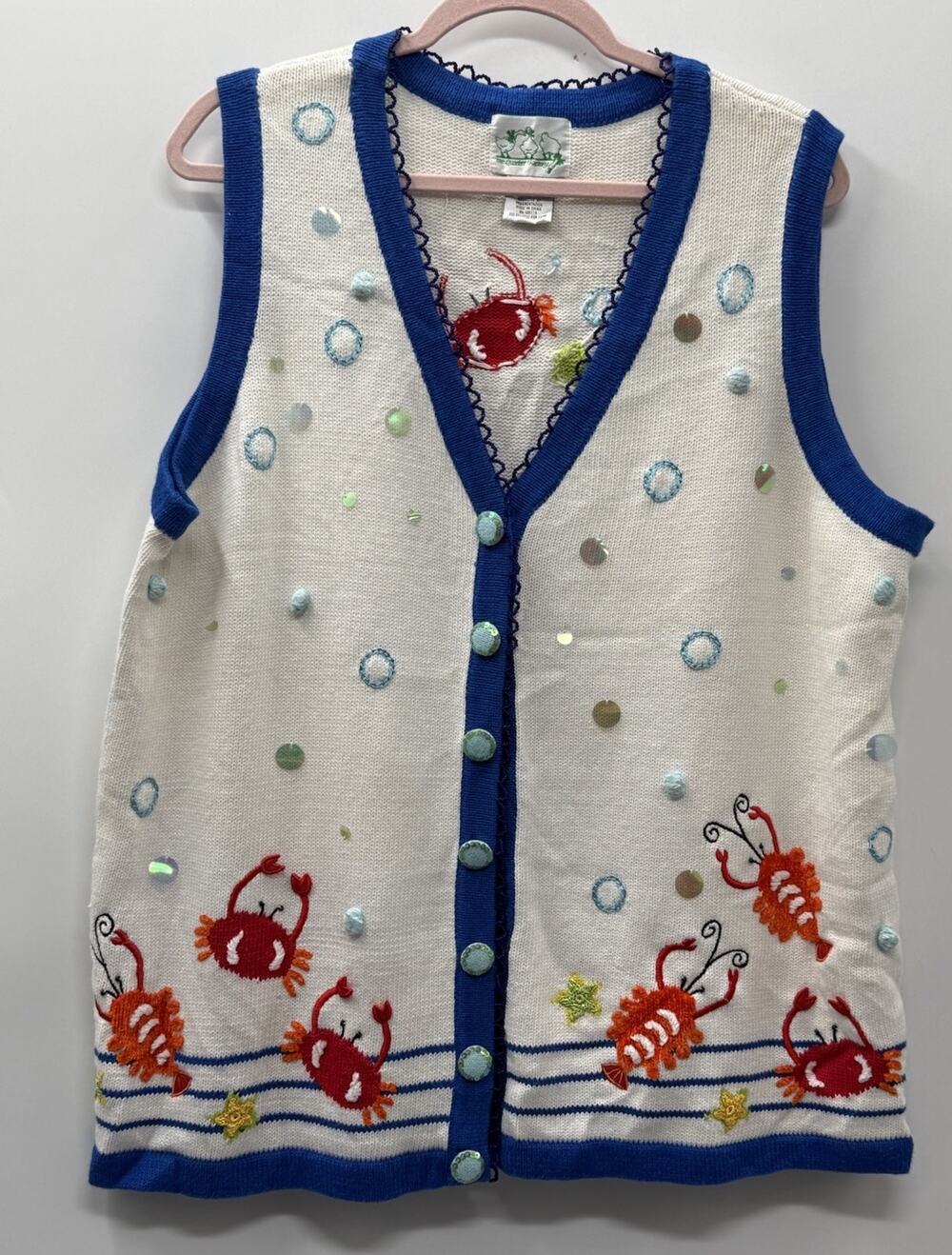 Quacker Factory 1X Nautical Crab Sweater Vest Cardigan White Blue Sequin Beach
